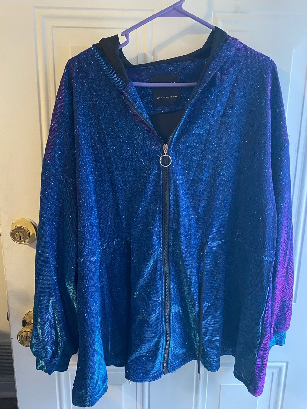 BloomChic Iridescent Blue Purple Hooded Zip Bomber Jacket